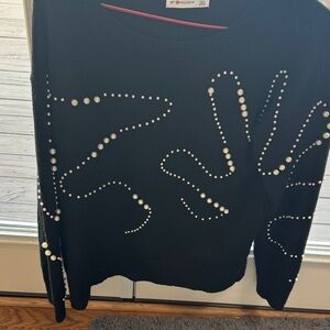 89th & Madison Black Crewneck Sweater with Pearl & Stud Swirl Detail